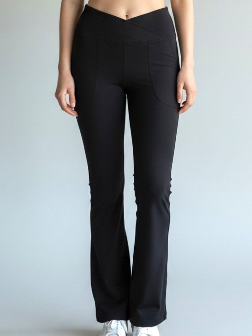 Black V-Waist Flare Leggings with Front Pockets